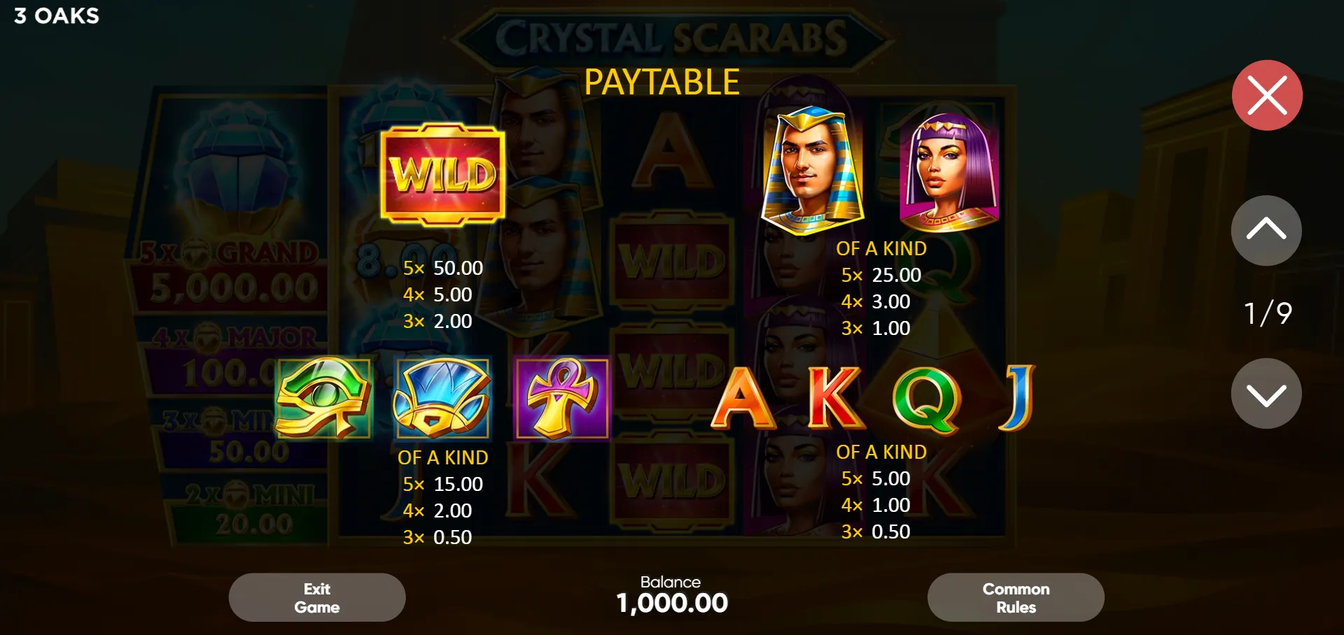 PAYTABLE - Crystal Scarabs paytable showing Wild, Pharaoh, Cleopatra, Eye of Ra, Blue Crystal, Ankh, and card rank symbols with pay values at 1.00 total bet, page 1 of 9