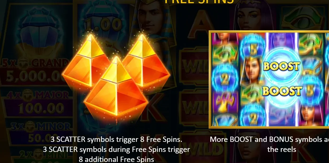 FREE SPINS - 3 orange pyramid SCATTER symbols on reels 2, 3, 4 trigger 8 Free Spins; more BOOST and BONUS symbols added to reels during the feature; retrigger on 3 more Scatters