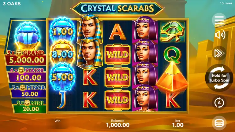 Crystal Scarabs base game at session start, spin 1 - balance near 1000.00 at bet 1.00 - Egyptian symbols on 5x4 reel grid with jackpot meters on left