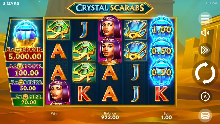 Crystal Scarabs base game at spin 396 - balance around 921.00 at bet 1.00 - early drawdown phase visible on 5x4 reel grid