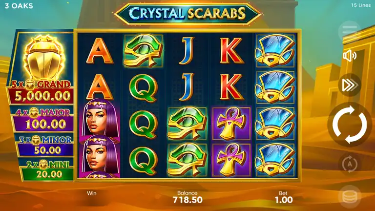 Crystal Scarabs base game at spin 849 - balance around 717.50 at bet 1.00 - deep in the drawdown, about 28% below start