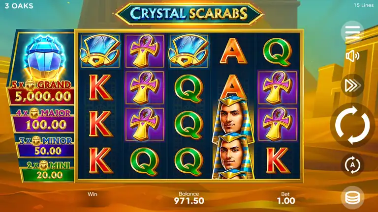 Crystal Scarabs base game at session end, spin 1660 - balance 970.50 at bet 1.00 - session close after Hold and Win recovery